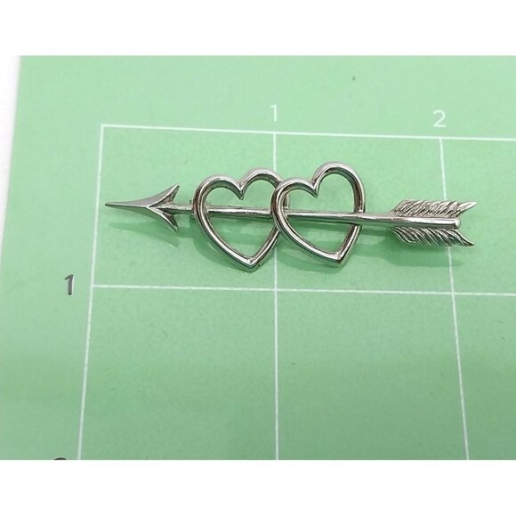 Sterling Silver Double Heart & Arrow Brooch Pin 2" Long Romantic Design - Picture 4 of 4